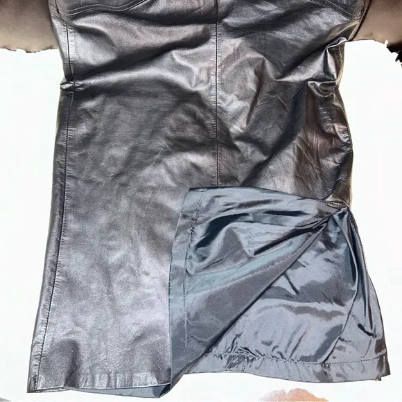 Vintage Laurice Black Leather Midi Side Slit Lined Skirt - Picture 7 of 10